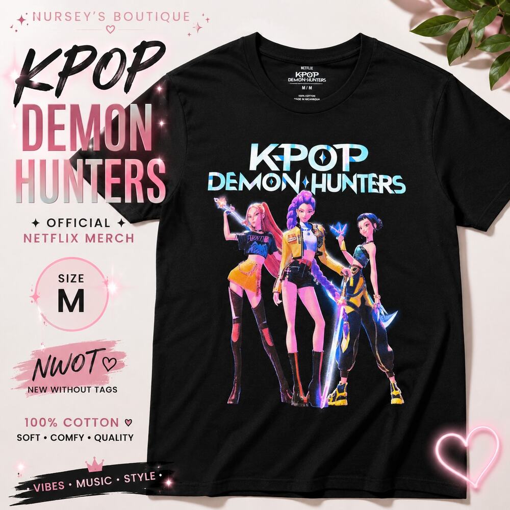Netflix KPop Demon Hunters Graphic Tee Black Anime Shirt Medium NWOT